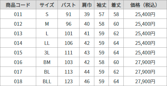 Kブレザー サイズ表