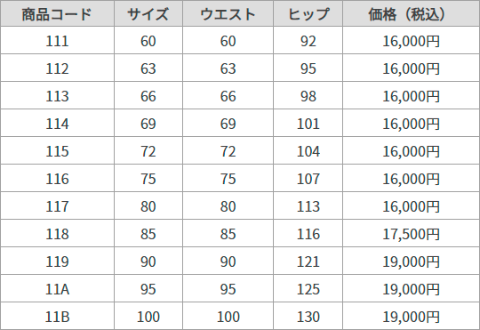 Kスカート サイズ表