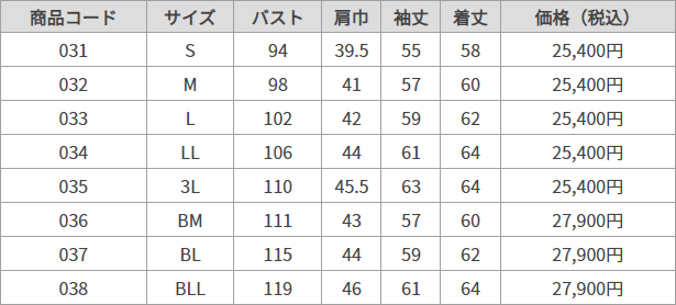 Pブレザー サイズ表