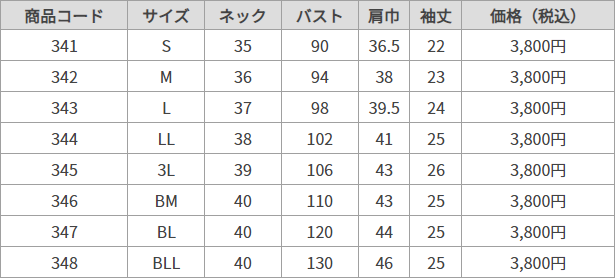 半袖平衿ブラウス サイズ表