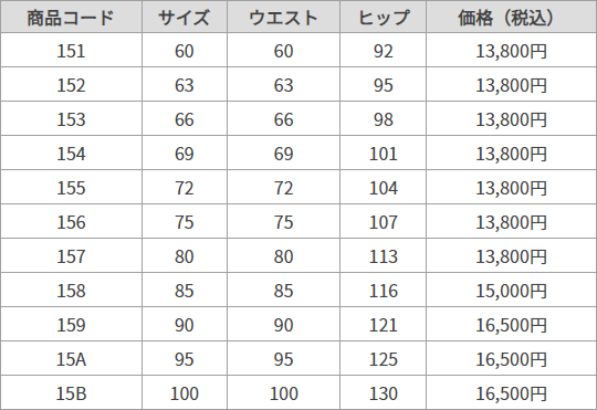 サマースカート サイズ表