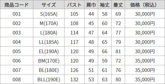 Kブレザー サイズ表