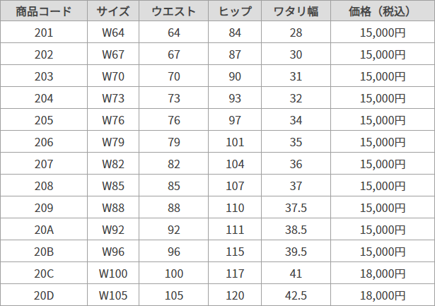 Kスラックス サイズ表