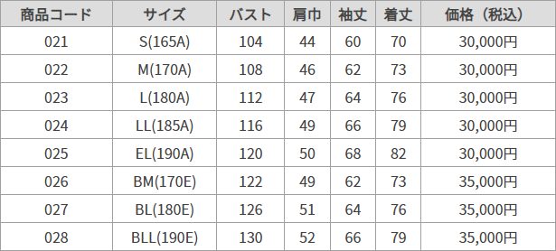 Pブレザー サイズ表